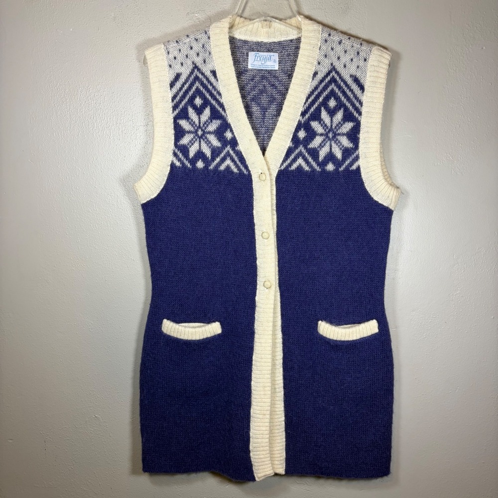 Freyja Icelandic Wool Cardigan Vest‎ Womens XL Blue Fair Isle Snowflake Longline